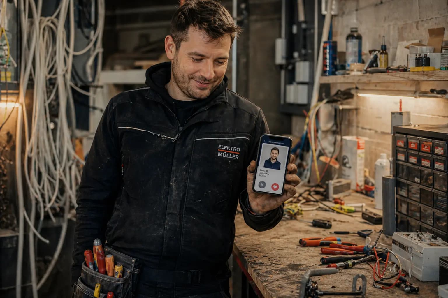 Handwerker prüft Bewerber-Profile auf seinem Smartphone