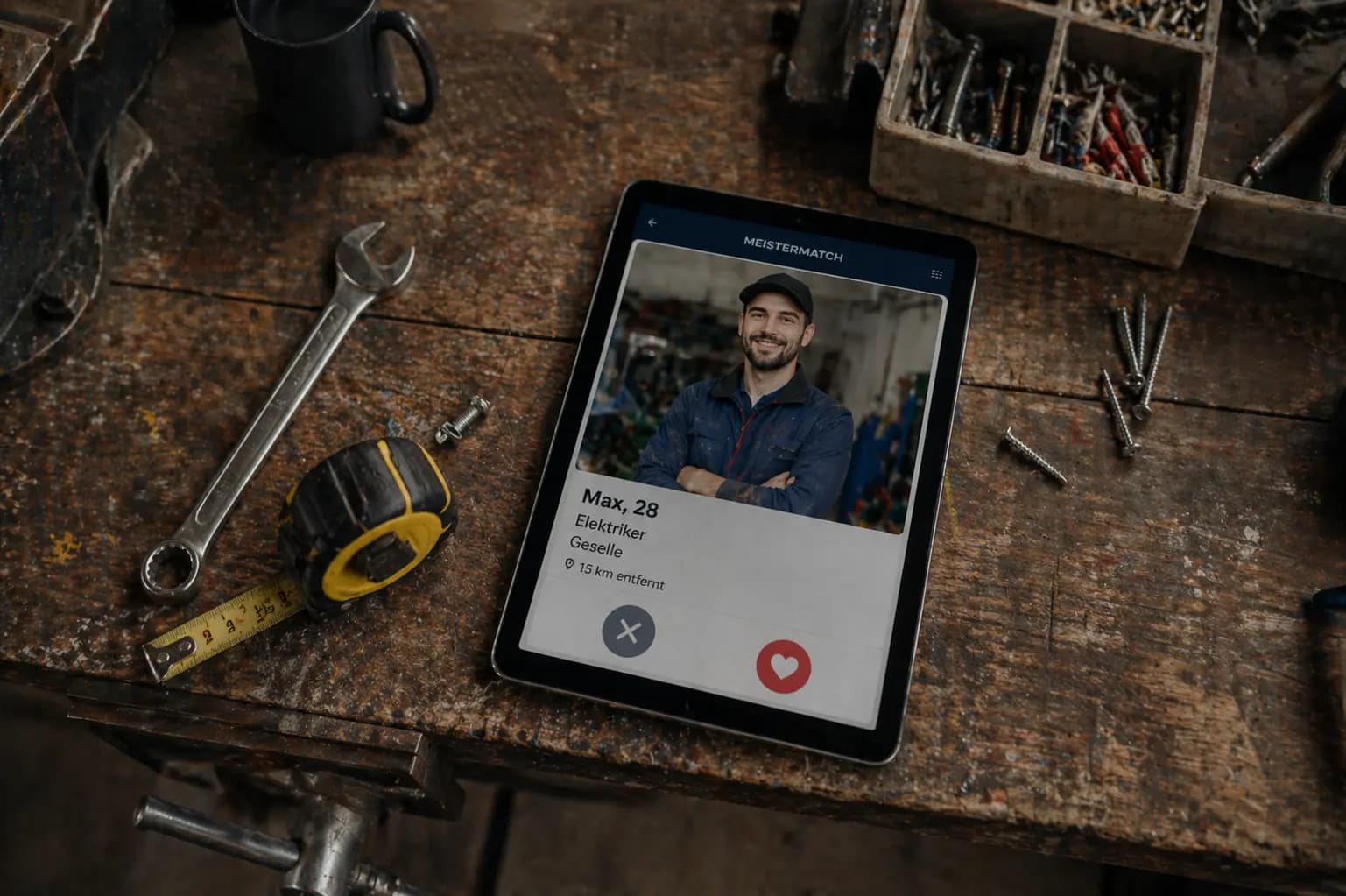 Bewerber-Profil als Karte auf einem Tablet zwischen Werkzeug